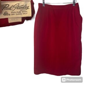 Vintage Paul Stanley Red 100% Wool Straight Skirt Women's Size 12 Pencil Pleated